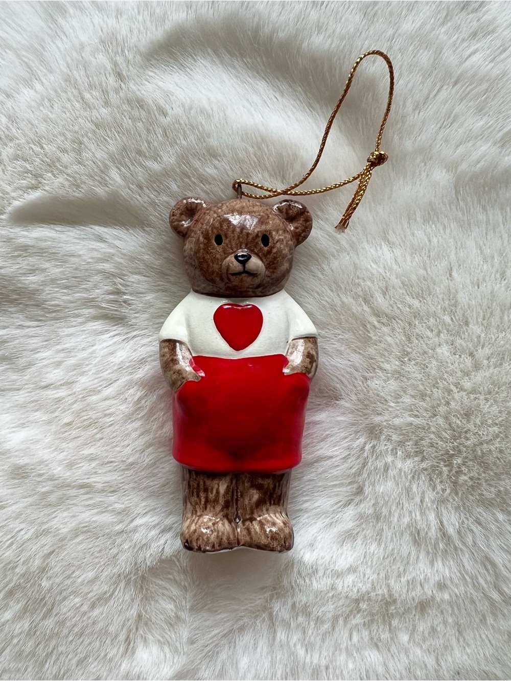 Vintage Ceramic Teddy Bear Ornament Red White Folk Art Hanging Decor 3”